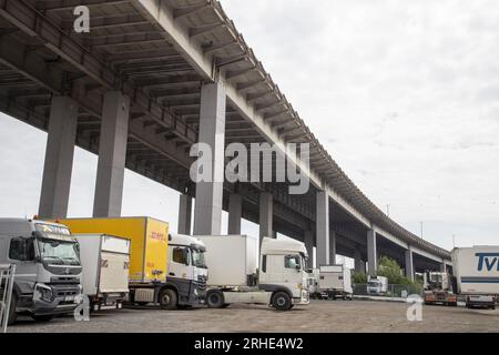 Vilvoorde, Belgio. 16 agosto 2023. Il viadotto di Vilvoorde raffigurato in vista dell'inizio di una ristrutturazione completa del cosiddetto "Viaduct van Vilvoorde - Viaduc de Vilvorde - Vilvoorde fly-over", mercoledì 16 agosto 2023, a Vilvoorde. Il ponte, ufficialmente chiamato "Viaduct Zeekanaal Brussel-Schelde", fa parte dell'autostrada circolare Ring 0 intorno a Bruxelles ed è stato costruito per la prima volta negli anni settanta del secolo scorso. La ristrutturazione della struttura complessiva, della sua struttura portante e dell'interno richiederà 8 anni. BELGA PHOTO NICOLAS MAETERLINCK Credit: Belga News Agency/Alamy Live News Foto Stock