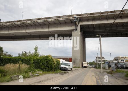 Vilvoorde, Belgio. 16 agosto 2023. Il viadotto di Vilvoorde raffigurato in vista dell'inizio di una ristrutturazione completa del cosiddetto "Viaduct van Vilvoorde - Viaduc de Vilvorde - Vilvoorde fly-over", mercoledì 16 agosto 2023, a Vilvoorde. Il ponte, ufficialmente chiamato "Viaduct Zeekanaal Brussel-Schelde", fa parte dell'autostrada circolare Ring 0 intorno a Bruxelles ed è stato costruito per la prima volta negli anni settanta del secolo scorso. La ristrutturazione della struttura complessiva, della sua struttura portante e dell'interno richiederà 8 anni. BELGA PHOTO NICOLAS MAETERLINCK Credit: Belga News Agency/Alamy Live News Foto Stock