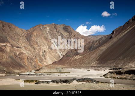 India, Ladakh, Nubra Valley, Yagulung, Masang Rzampa ponte sospeso sul fiume Shyok Foto Stock