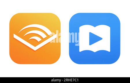 Kiev, Ucraina - 28 agosto 2022: Icone delle app Audible audiobook e Audiobook, stampate su white paper Foto Stock