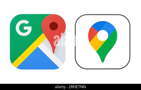 Kiev, Ucraina - 28 agosto 2022: Icone nuove e vecchie dell'app Google Maps, stampate su white paper. Google Maps è una piattaforma di mappatura Web e un'applicazione consumer Foto Stock