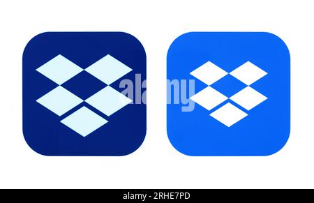 Kiev, Ucraina - 28 agosto 2022: Nuove e vecchie icone Dropbox stampate su carta bianca. Dropbox è un servizio di file hosting gestito dalla società americana Foto Stock