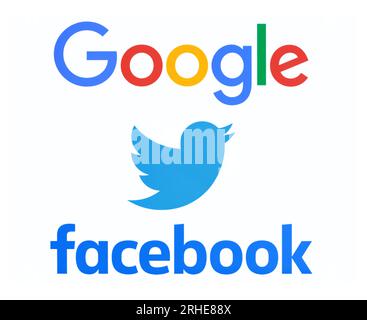 Kiev, Ucraina - 20 settembre 2022: Loghi Google, Twitter e Facebook su sfondo bianco, stampati su carta. Concetto di notizie: Facebook, Google, TW Foto Stock
