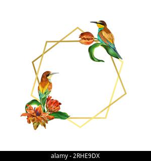 Cornice geometrica dorata con fiori e uccelli. Illustrazione del telaio isolata su sfondo bianco. Elemento di design per biglietti di auguri e inviti di nozze Foto Stock