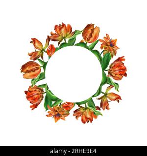 Tulipani rossi, modello per l'inserimento del testo. Cornice circolare floreale isolata su sfondo bianco. Elemento di design per biglietti di auguri, inviti di nozze, c Foto Stock