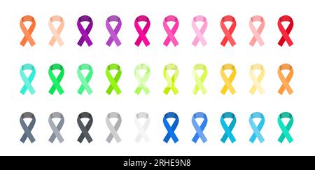 Serie di icone semplici della barra multifunzione Awareness. Nastri vettoriali isolati colorati cause Awareness. Illustrazione Vettoriale
