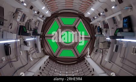 8k SciFi Spaceship Corridor 3d rendering, interno navetta basato sulla stazione spaziale a cupola ISS International Space Station. Vista dalla finestra alla terra Foto Stock
