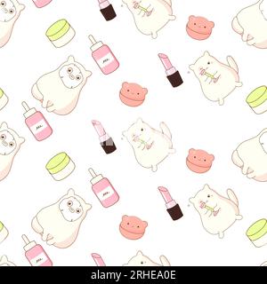 il gatto carino utilizza cosmetici coreani kawaii viso a rollerball con motivo senza cuciture. illu. vettore Illustrazione Vettoriale