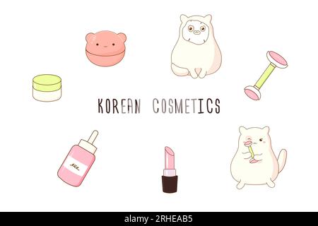 set di adesivi simpatici gatto coreano e cosmetici. Illustrazione vettoriale su BE Illustrazione Vettoriale