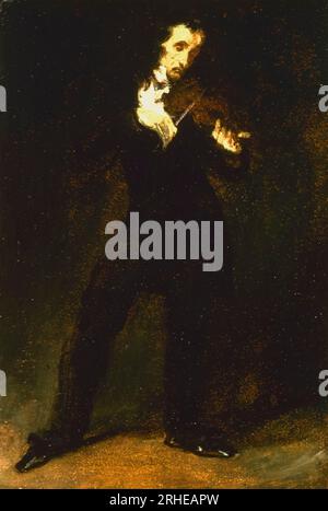 Niccolò Paganini (1782-1840), violinista, virtuoso e compositore italiano, ritratto dipinto ad olio su cartone, montato su pannello di legno di Eugene Delacroix, 1831 Foto Stock