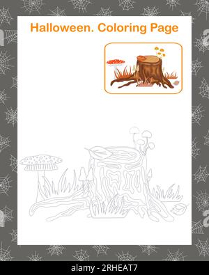 Scena autunnale con vecchio ceppo di alberi, funghi, sgabello, erba secca, pagina di colorazione delle foglie con immagini di esempio illustrazione vettoriale, autunno, attività ricreative per le vacanze di Halloween, foglio di lavoro Illustrazione Vettoriale