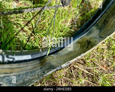 Primo piano dello pneumatico MTB esploso: Liquido sigillante dopo il gonfiaggio della ruota della bicicletta Foto Stock