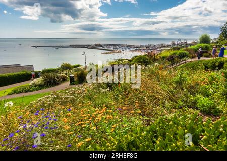 Vista da Langmoor e Lister Gardens, dall'altra parte della spiaggia e del porto, Lyme Regis Dorset UK. Agosto 2023. Foto Stock