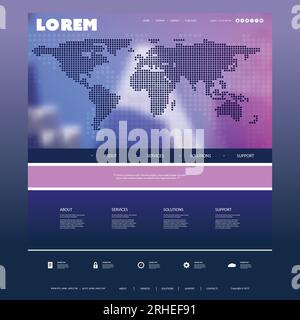 Design colorato del sito Web per la tua azienda con la mappa del mondo macchiata e il design sfocato della silhouette del grattacielo Illustrazione Vettoriale