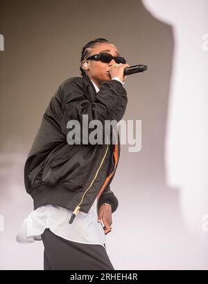 UK rapper Little Simz si esibisce dal vivo sul palco principale del Boardmaster's 2023, Newquay, Cornwall Foto Stock