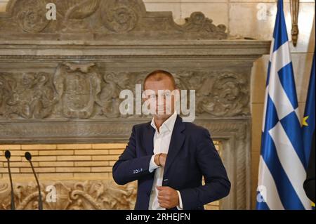 Atene, Attiki, Grecia. 16 agosto 2023. Presidente della UEFA Aleksander Cerefin, durante le dichiarazioni alla stampa. (Immagine di credito: © Dimitrios Karvountzis/Pacific Press via ZUMA Press Wire) SOLO USO EDITORIALE! Non per USO commerciale! Foto Stock