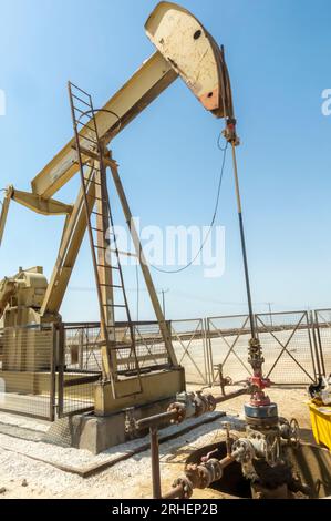 Martinetto a pompa, cavallo da olio, martinetto da olio, pompa a trave che estrae petrolio greggio da pozzi petroliferi nel deserto del Bahrein Foto Stock