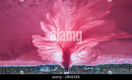 Vista aerea del lago salato rosa. Gli impianti di produzione del sale hanno evaporato lo stagno salamoia in un lago salato. Salin de Giraud saline nella Camargue in Provenza. Foto Stock