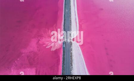 Vista aerea del lago salato rosa. Gli impianti di produzione del sale hanno evaporato lo stagno salamoia in un lago salato. Salin de Giraud saline nella Camargue in Provenza. Foto Stock