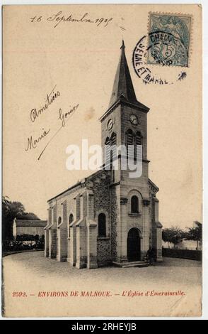 Ile de France, Seine et Marne (77), Emerainville : vue exterieure de l'eglise - carte postale datee 1905 Foto Stock