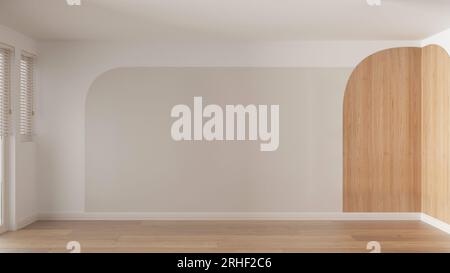 Camera vuota design interno, open space con pavimento in parquet di quercia, decorazioni in legno, finestre con persiane veneziane, idea di architettura moderna Foto Stock