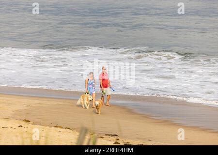 una coppia che cammina con due cani su una spiaggia di montauk Foto Stock