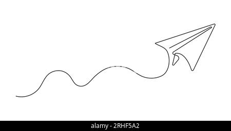 Icona del piano stile continuo, con vettore fly rout. Aereo di carta disegnato a mano. Delineare aerei cartacei. Messaggi di Doodle, sms, simboli e-mail. Illustrazione Vettoriale