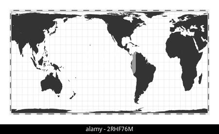 Mappa vettoriale del mondo. Proiezione cilindrica ad area uguale. Mappa geografica del mondo pianeggiante con linee di latitudine e longitudine. Centrato a 120 gradi di longitudine E. V Illustrazione Vettoriale