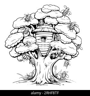 Beehive on A Tree Coloring Page for Kids Illustrazione Vettoriale