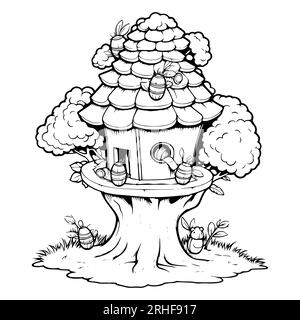 Beehive on A Tree Coloring Page for Kids Illustrazione Vettoriale