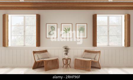 Soggiorno sfondo, salotto sala d'attesa in tonalità bianche. Due finestre panoramiche con persiane in legno e soffitto a travi, poltrone in rattan con tavolo. Foto Stock