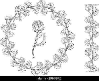 Cornice vuota in tulipani rosa stilizzati. Corona floreale per un design romantico, inviti di nozze, pubblicità Illustrazione Vettoriale