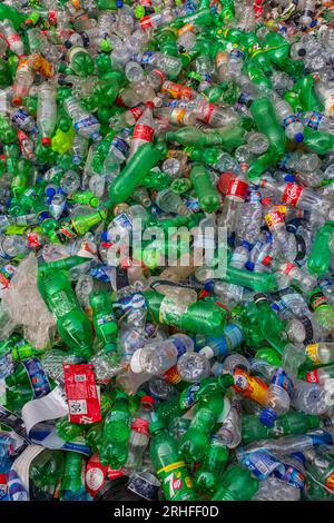 Diversi tipi di bottiglie di plastica raccolte per il riciclaggio a Dacca, Bangladesh. Foto Stock