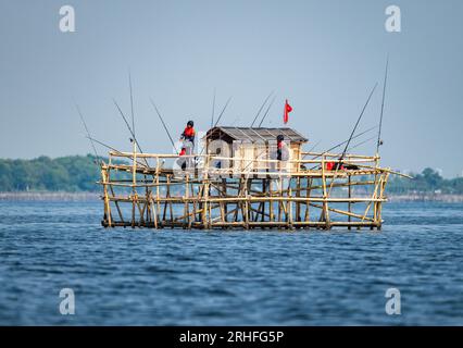 La gente del posto pesca su un altopiano di bambù che si stende sopra l'acqua. Giava, Indonesia. Foto Stock