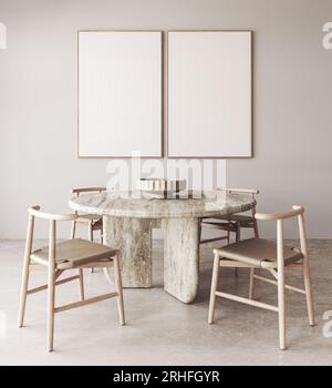 Interni in legno beige con tavolo da pranzo in marmo e sedie sullo sfondo. Pavimento in pietra marrone chiaro naturale. Crea una cornice vuota con 2 immagini. 3d. Foto Stock