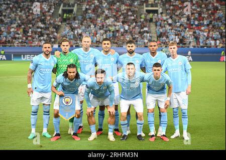 Pireo, Grecia. 16 agosto 2023. Manchester City durante la partita di Supercoppa UEFA tra Manchester City e Siviglia FC al Georgios Karaiskakis Stadium il 16 agosto 2023, al Pireo, in Grecia. Credito: Agenzia fotografica indipendente/Alamy Live News Foto Stock