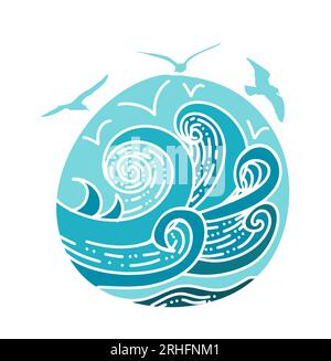 mare (oceano). design del logo. L'oggetto è un segno rotondo del mare e dei gabbiani. Illustrazione vettoriale Illustrazione Vettoriale