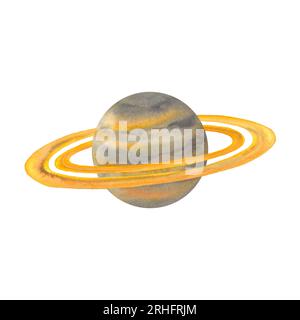 Cartone animato del pianeta Saturno con anelli, pianeti del sistema solare. Scienza e istruzione. Illustrazione acquerello isolata su sfondo bianco Foto Stock