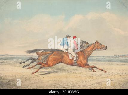 Two Jockeys Galloping Neck and Neck to right by Henry Thomas Alken Foto Stock