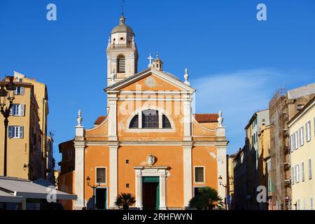 Facciata esterna Cattedrale di nostra Signora dell'assunzione ad Ajaccio, isola della Corsica. Foto Stock