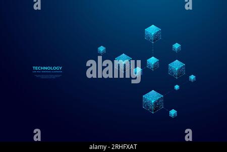 Concetto Blockchain su sfondo blu. Blocchi collegati alla tecnologia 3D. Illustrazione Vettoriale