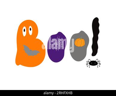 Boo tradizionale frase spaventosa di Halloween citazione elemento di design natalizio per poster, biglietti di auguri, invito, parola scritta a mano in stile cartone animato, graziose lettere per bambini Illustrazione Vettoriale