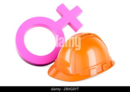 Simbolo di genere femminile con elmetto arancione, rendering 3D isolato su sfondo bianco Foto Stock