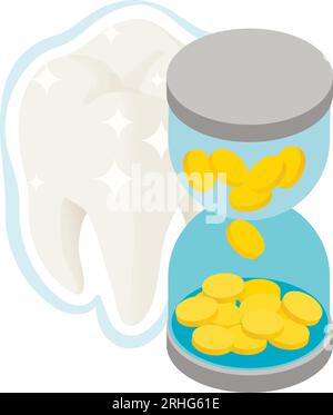 Icona concetto di prevenzione vettore isometrico. Dente umano e clessidra con moneta. Trattamento dei denti, stomatologia, assistenza sanitaria Illustrazione Vettoriale