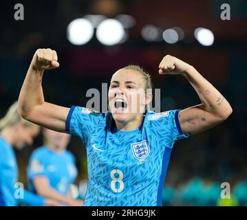 Sydney, Australia. 16 agosto 2023, Sydney, Australia: GEORGIA STANWAY, d'Inghilterra, celebra la vittoria della squadra contro l'Australia in una semifinale della Coppa del mondo femminile 2023 allo Stadium Australia di Sydney, Australia. L'Inghilterra ha vinto 3:1. Foto Stock