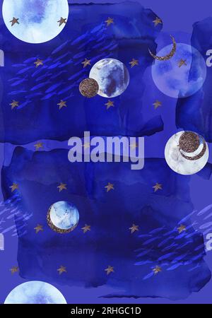 Acquerello paterna senza cuciture con astronauti e pianeti . Carta da imballaggio. Giocattolo per bambini. Illustrazione raster per imballaggio, biglietti di auguri, regalo Foto Stock