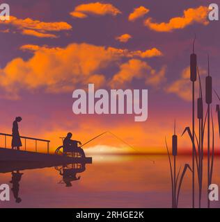 Un uomo in sedia a rotelle pesca su una rampa di pesca accessibile ai disabili su un lago al tramonto. Questa è un'illustrazione 3D sulle strutture da accogliere Foto Stock