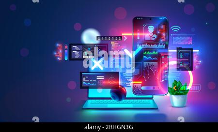 Concetto di sviluppo software per app per telefoni cellulari. Progettare l'interfaccia dell'applicazione per dispositivi mobili. Elementi di layout design mobile in aria intorno al pho sospeso Illustrazione Vettoriale