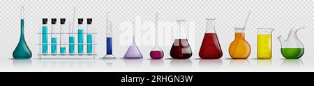 Matracci di misurazione chimica in vetro da laboratorio e provette per analisi con liquidi colorati in un set di illustrazioni vettoriali realistiche. Vetreria da laboratorio e contenitori con prodotti chimici. Apparecchiature scientifiche o mediche. Illustrazione Vettoriale