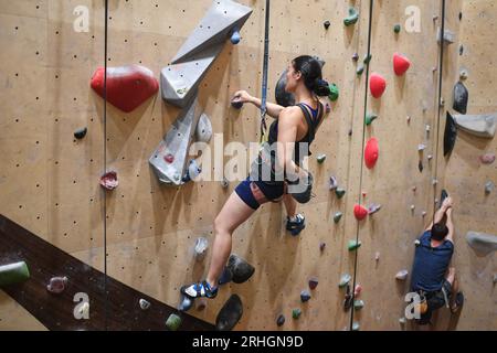 Gli arrampicatori apprezzano la nuova parete aperta dal 'Climbing District' nell'8° arrondissement, vicino alla stazione ferroviaria di Saint-Lazare, in un luogo totalmente atipico, nel cuore di una cappella storica del 19° secolo. Parigi, Francia, 16 agosto 2023. I Giochi Olimpici di Parigi 2024 si svolgeranno nella capitale francese dal 26 luglio all'11 agosto. Con un evento Speed e un evento Boulder & Lead combinato a Parigi, il numero totale di eventi medaglia per l'arrampicata sportiva raddoppierà da due ai Giochi di Tokyo a quattro a Parigi. I Giochi olimpici vedranno anche un aumento significativo del numero di scalate sportive Foto Stock